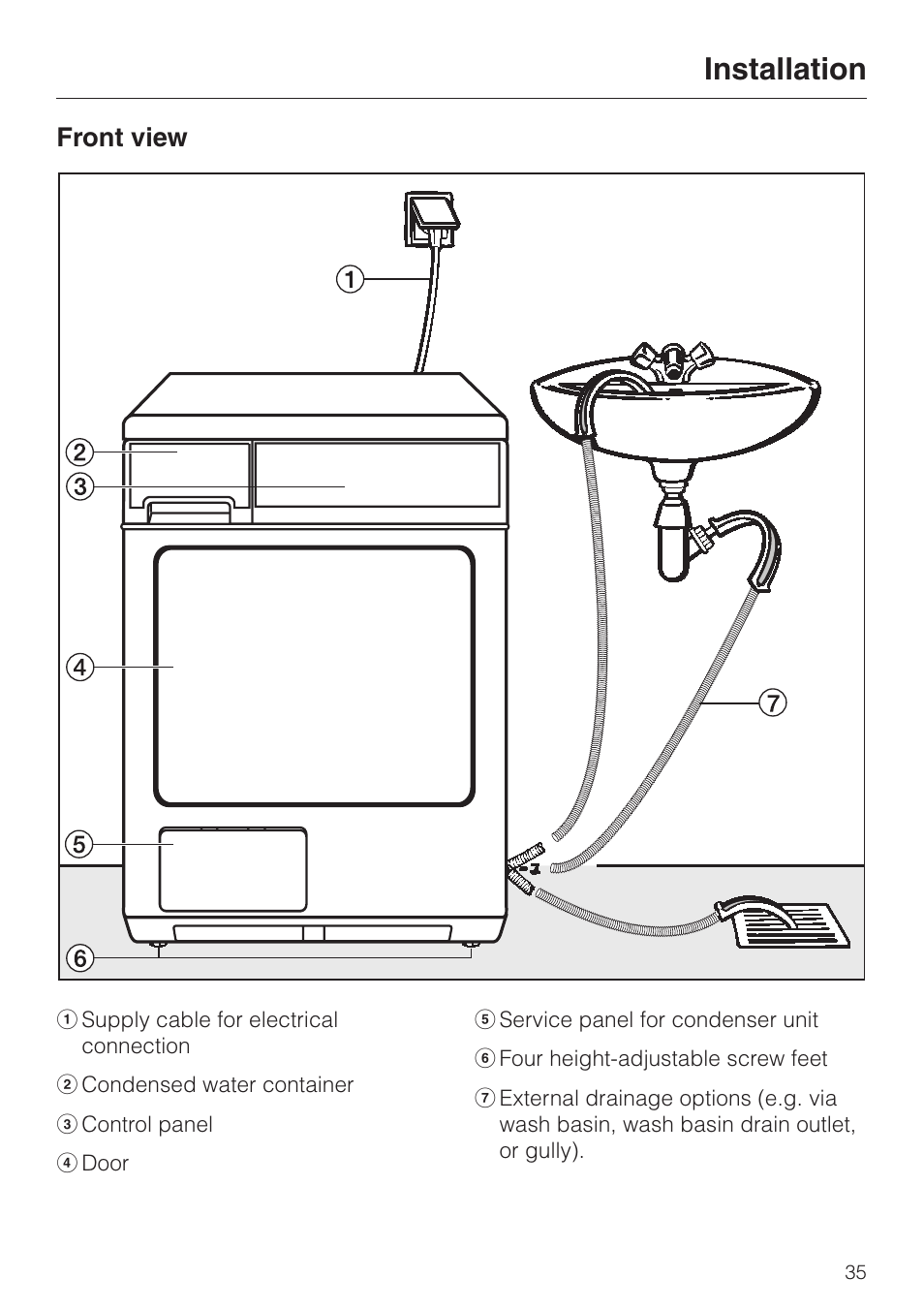 Installation 35, Front view 35, Installation | Front view | Miele T 4423 C User Manual | Page 35 / 48