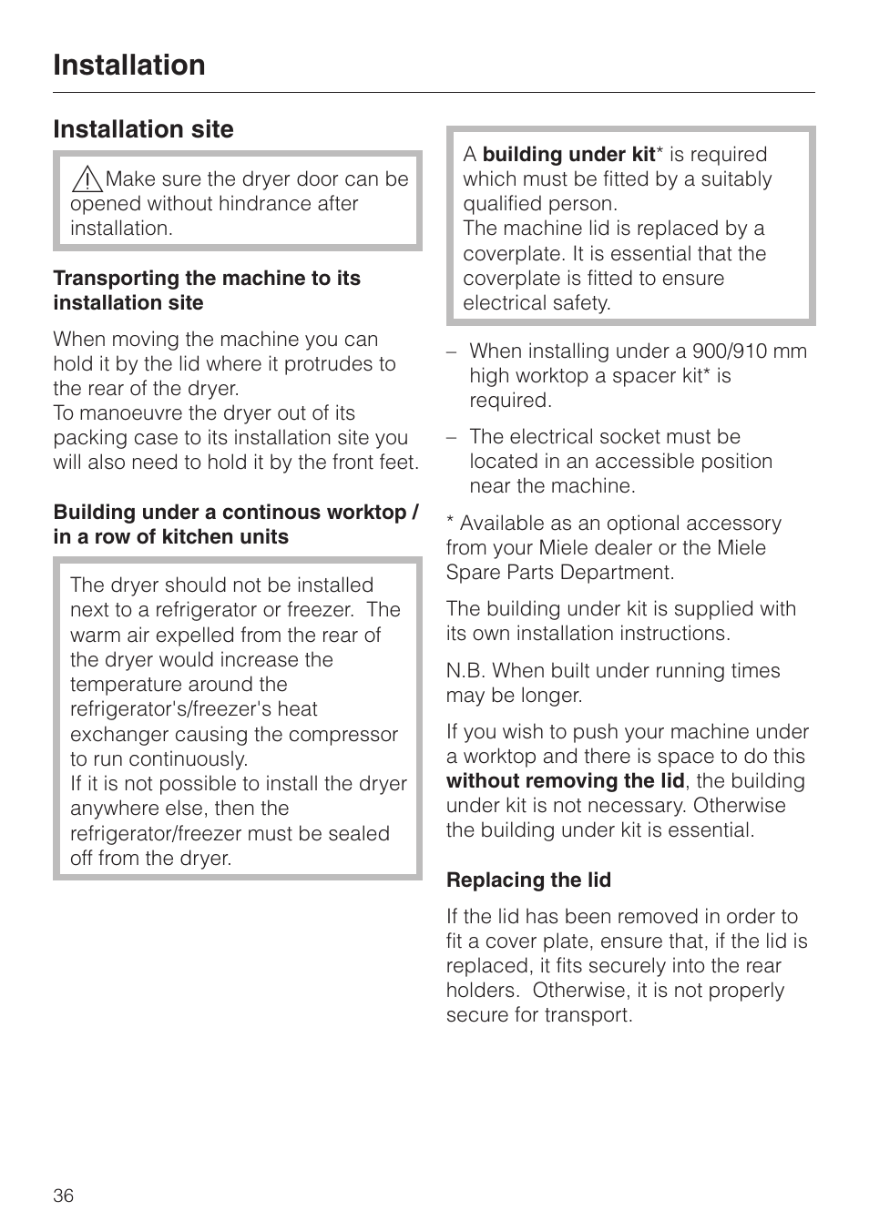 Installation site 36, Replacing the lid 36, Installation | Installation site | Miele T 4423 C User Manual | Page 36 / 48