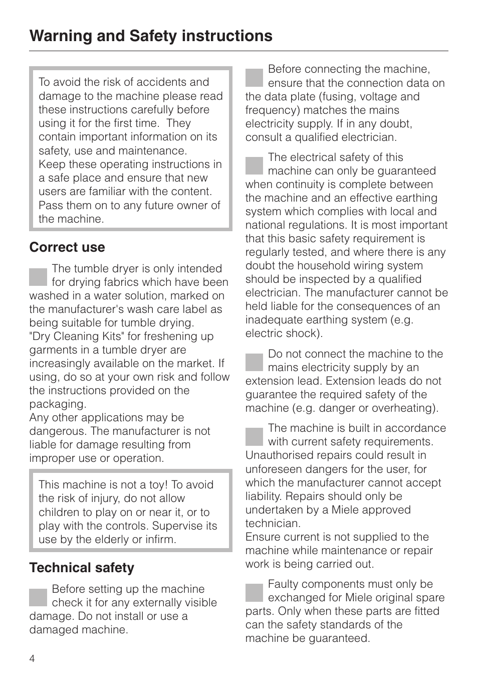 Warning and safety instructions 4, Warning and safety instructions, Correct use | Technical safety | Miele T 4423 C User Manual | Page 4 / 48