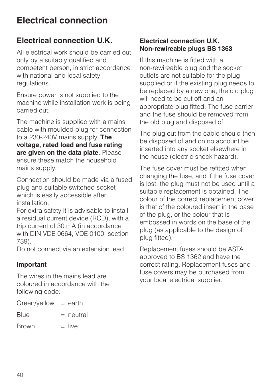 Electrical connection 40, Electrical connection u.k. 40, Electrical connection | Electrical connection u.k | Miele T 4423 C User Manual | Page 40 / 48