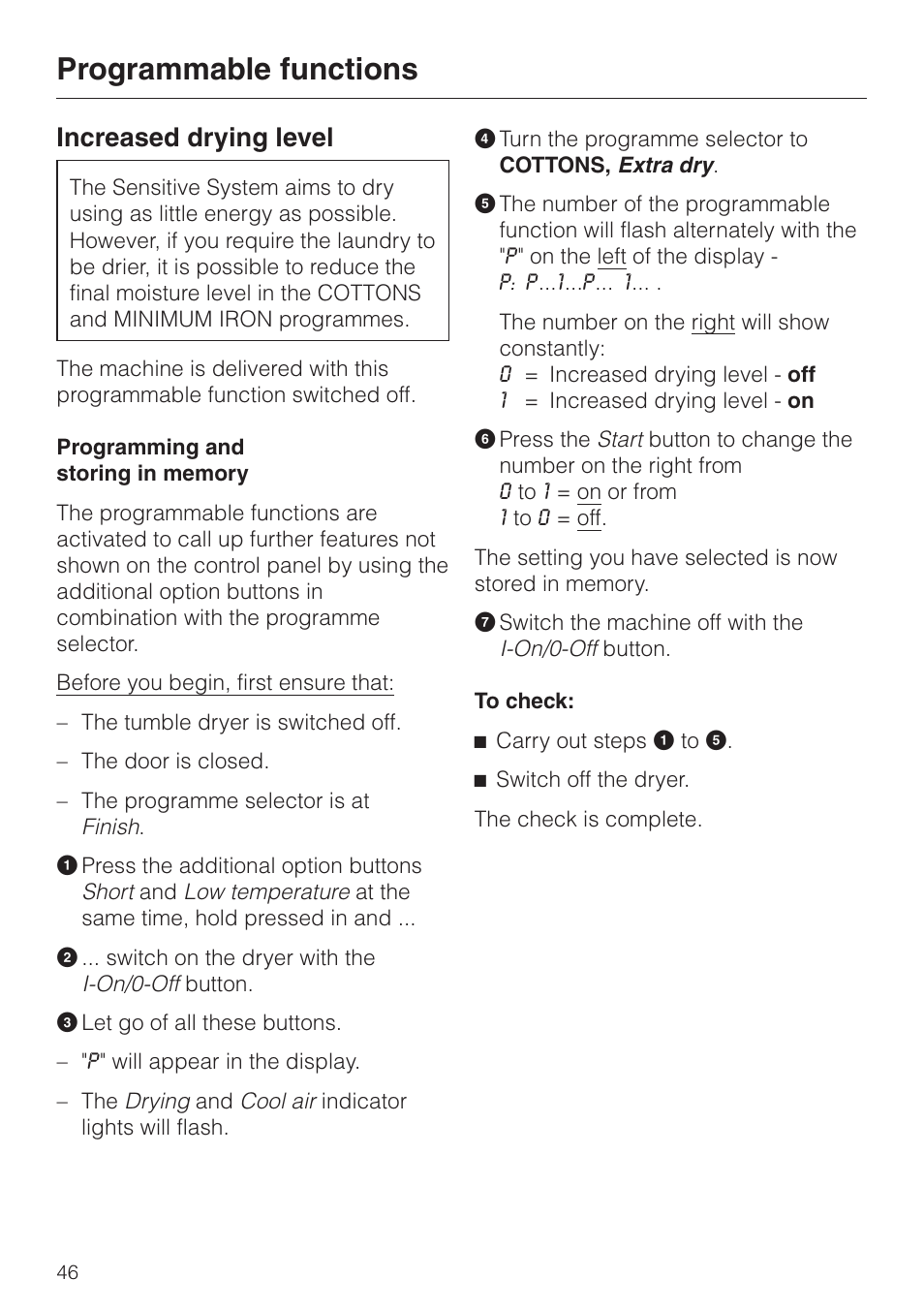 Programmable functions 46, Increased drying level 46, Programmable functions | Increased drying level | Miele T 4423 C User Manual | Page 46 / 48