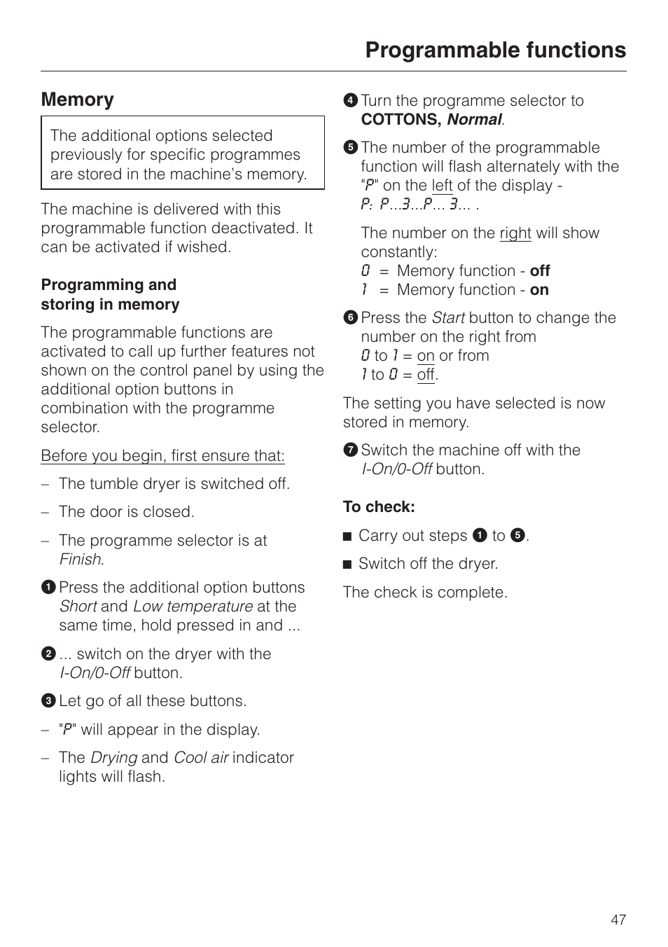 Memory 47, Programmable functions | Miele T 4423 C User Manual | Page 47 / 48