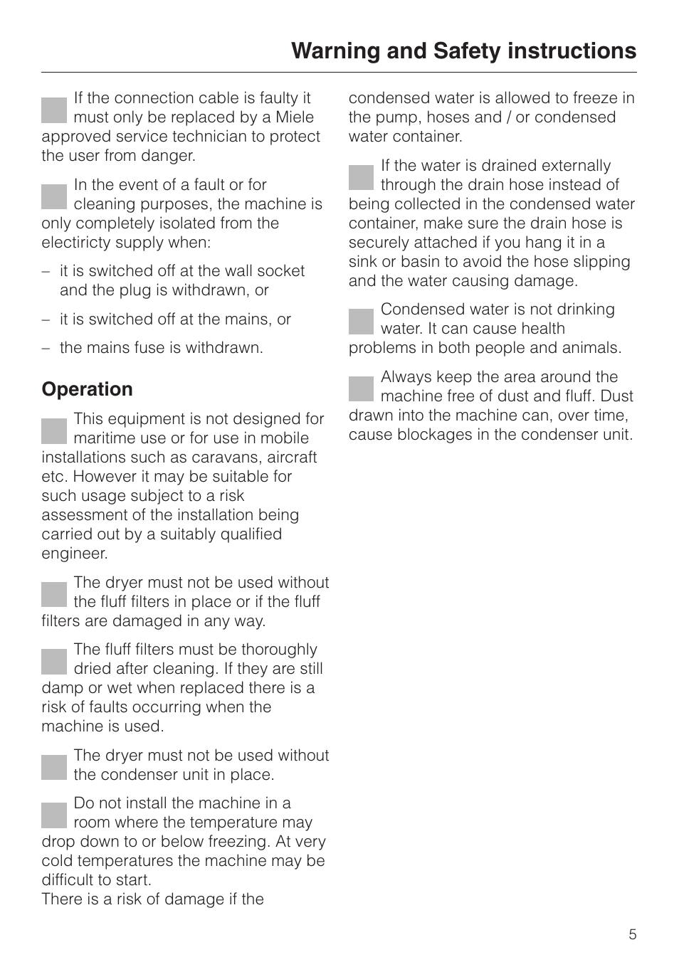 Warning and safety instructions, Operation | Miele T 4423 C User Manual | Page 5 / 48