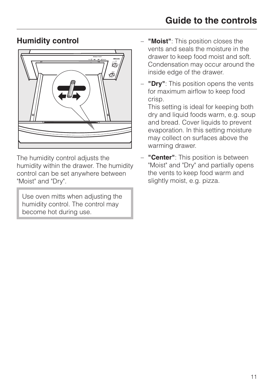Humidity control 11, Guide to the controls, Humidity control | Miele ESW4710 User Manual | Page 11 / 36