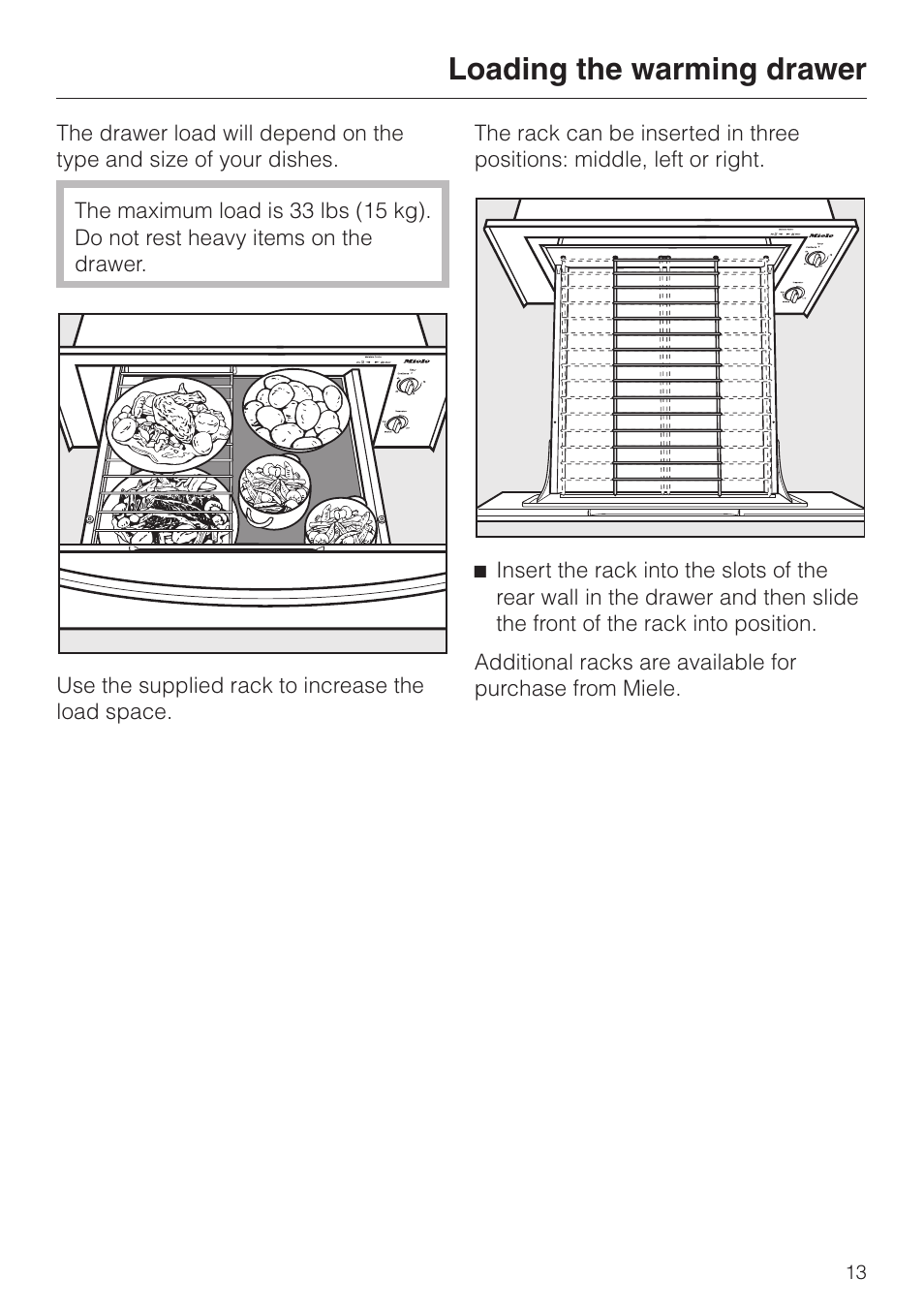 Loading the warming drawer 13, Loading the warming drawer | Miele ESW4710 User Manual | Page 13 / 36