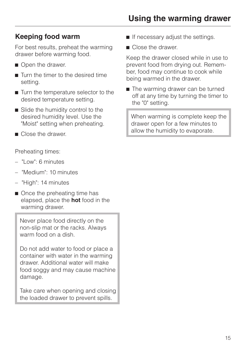 Using the warming drawer 15, Keeping food warm 15, Using the warming drawer | Keeping food warm | Miele ESW4710 User Manual | Page 15 / 36