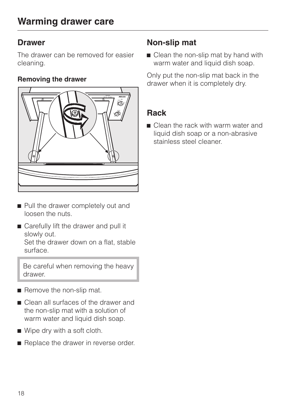 Drawer 18, Non-slip mat 18, Rack 18 | Warming drawer care, Drawer, Non-slip mat, Rack | Miele ESW4710 User Manual | Page 18 / 36