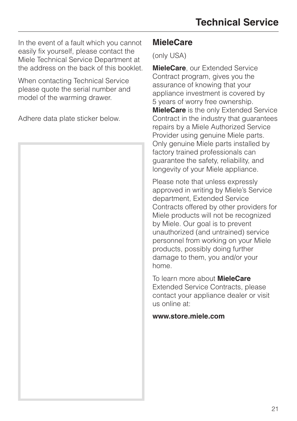 Technical service 21, Technical service, Mielecare | Miele ESW4710 User Manual | Page 21 / 36
