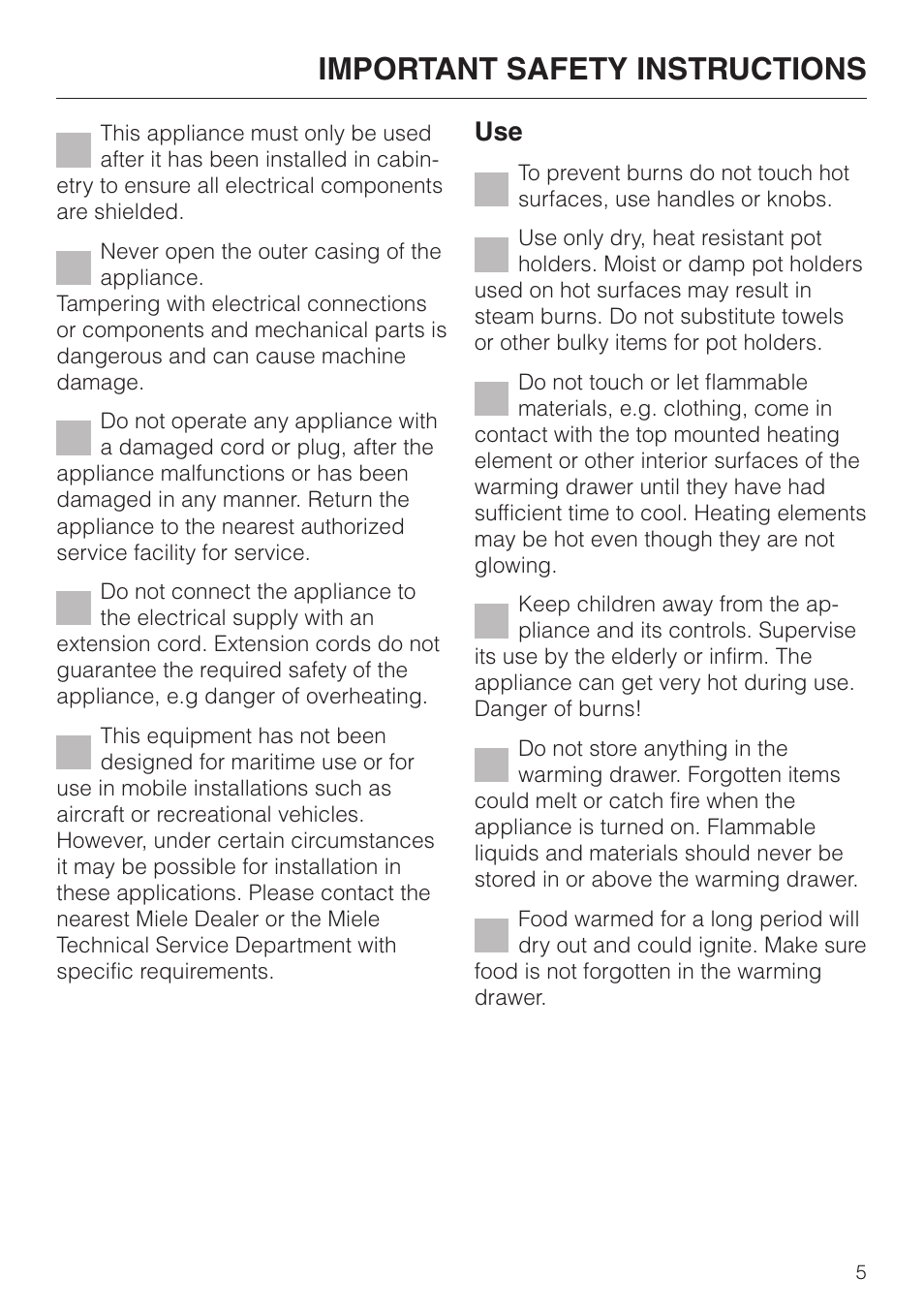 Important safety instructions | Miele ESW4710 User Manual | Page 5 / 36