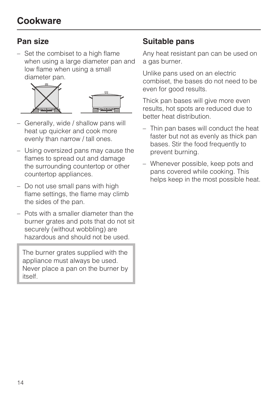 Cookware 14, Pan size 14, Suitable pans 14 | Cookware, Pan size, Suitable pans | Miele CS1012 User Manual | Page 14 / 44