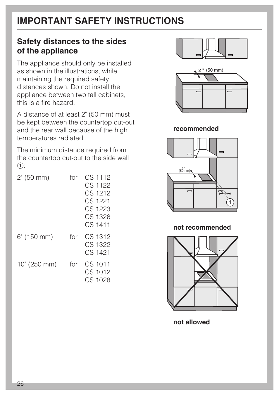 Important safety instructions, Safety distances to the sides of the appliance | Miele CS1012 User Manual | Page 26 / 44