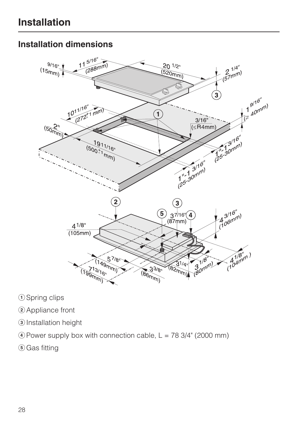 Installation dimensions 28, Installation, Installation dimensions | Miele CS1012 User Manual | Page 28 / 44