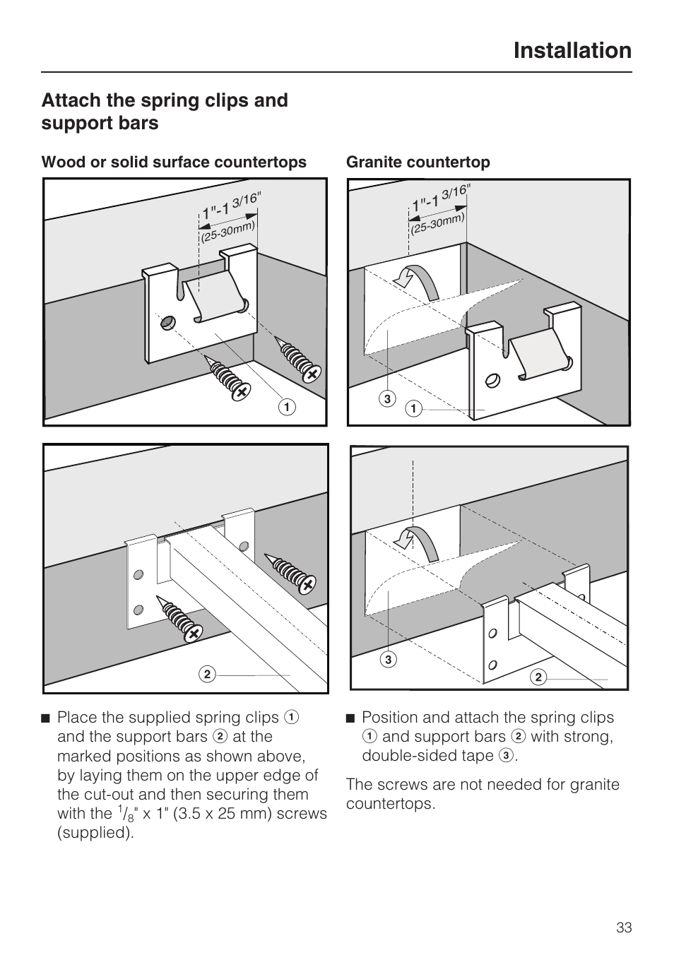 Attach the spring clips and support bars 33, Installation, Attach the spring clips and support bars | Miele CS1012 User Manual | Page 33 / 44