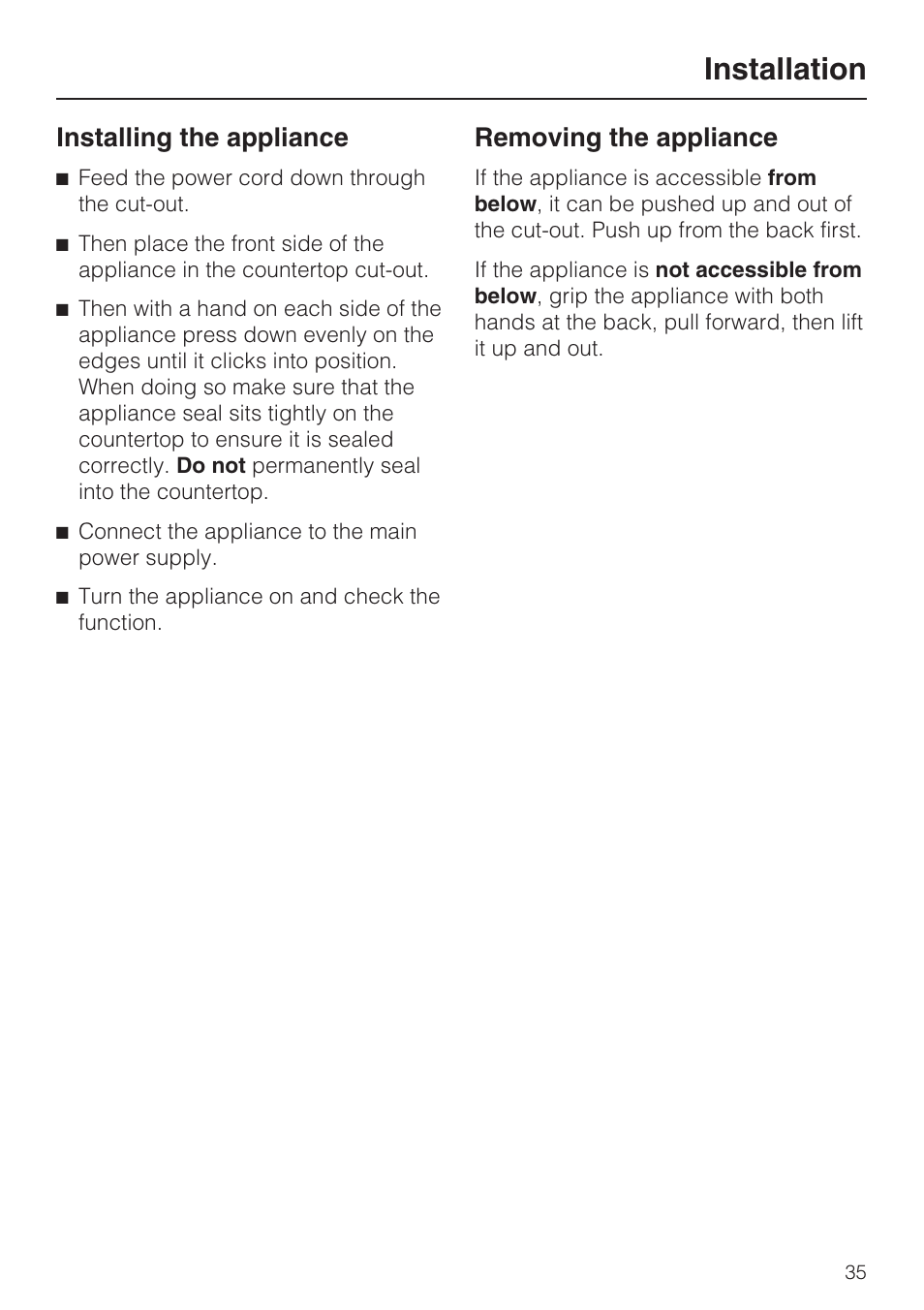 Installing the appliance 35, Removing the appliance 35, Installation | Installing the appliance, Removing the appliance | Miele CS1012 User Manual | Page 35 / 44