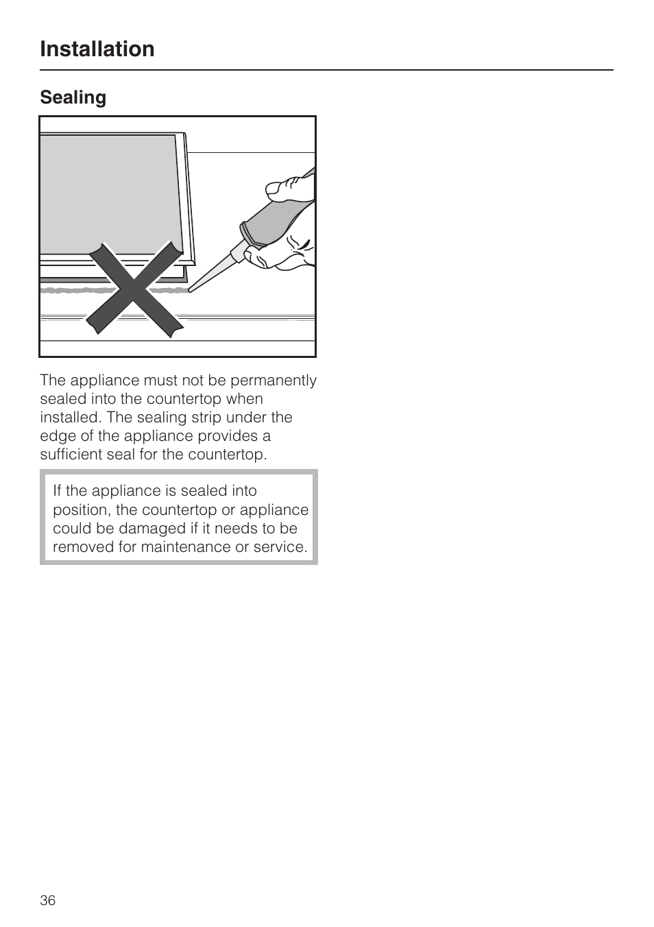 Sealing 36, Installation | Miele CS1012 User Manual | Page 36 / 44