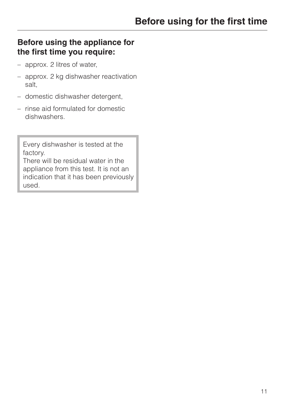 Before using for the first time 11, Before using for the first time | Miele G 6XX User Manual | Page 11 / 72