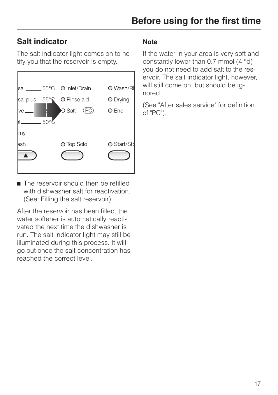 Salt indicator 17, Salt indicator, Before using for the first time | Miele G 6XX User Manual | Page 17 / 72