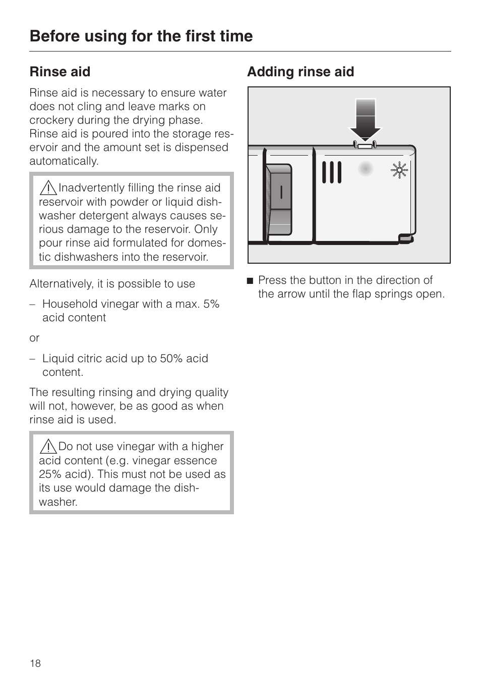 Rinse aid 18, Adding rinse aid 18, Rinse aid adding rinse aid | Before using for the first time | Miele G 6XX User Manual | Page 18 / 72