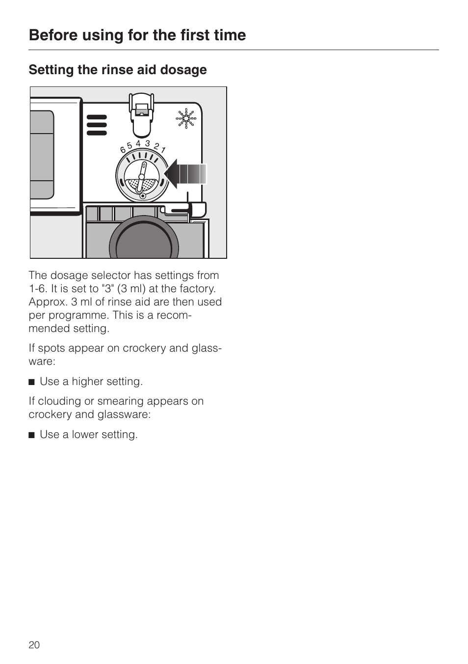 Setting the rinse aid dosage 20, Setting the rinse aid dosage, Before using for the first time | Miele G 6XX User Manual | Page 20 / 72