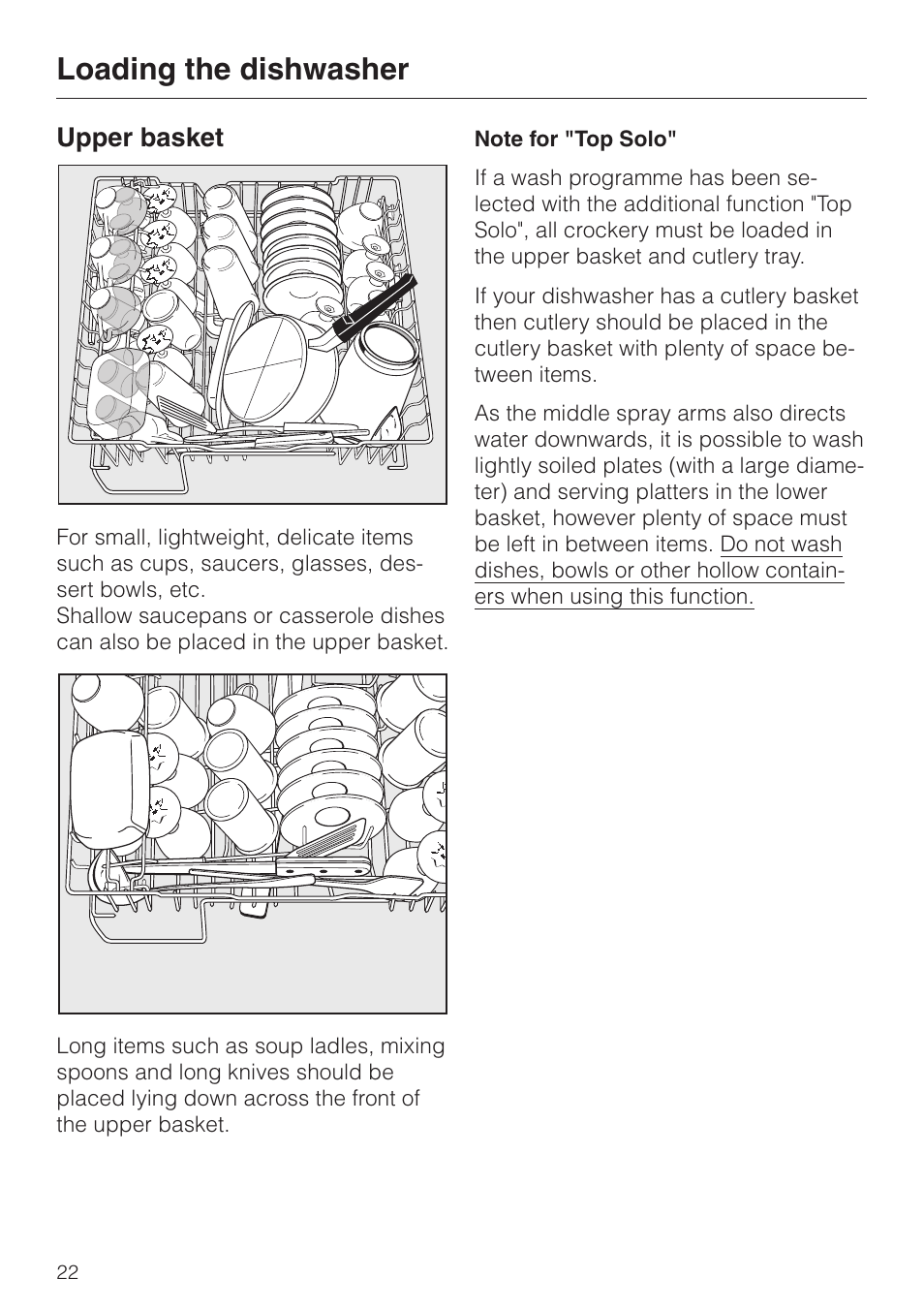 Upper basket 22, Upper basket, Loading the dishwasher | Miele G 6XX User Manual | Page 22 / 72
