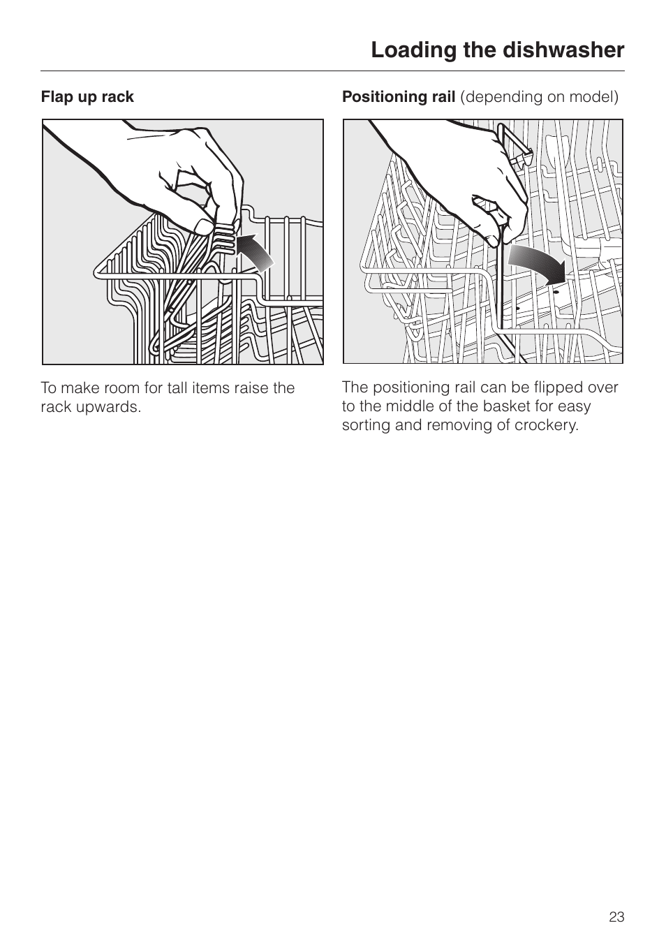 Flap up rack 23, Positioning rail 23, Flap up rack positioning rail | Loading the dishwasher | Miele G 6XX User Manual | Page 23 / 72