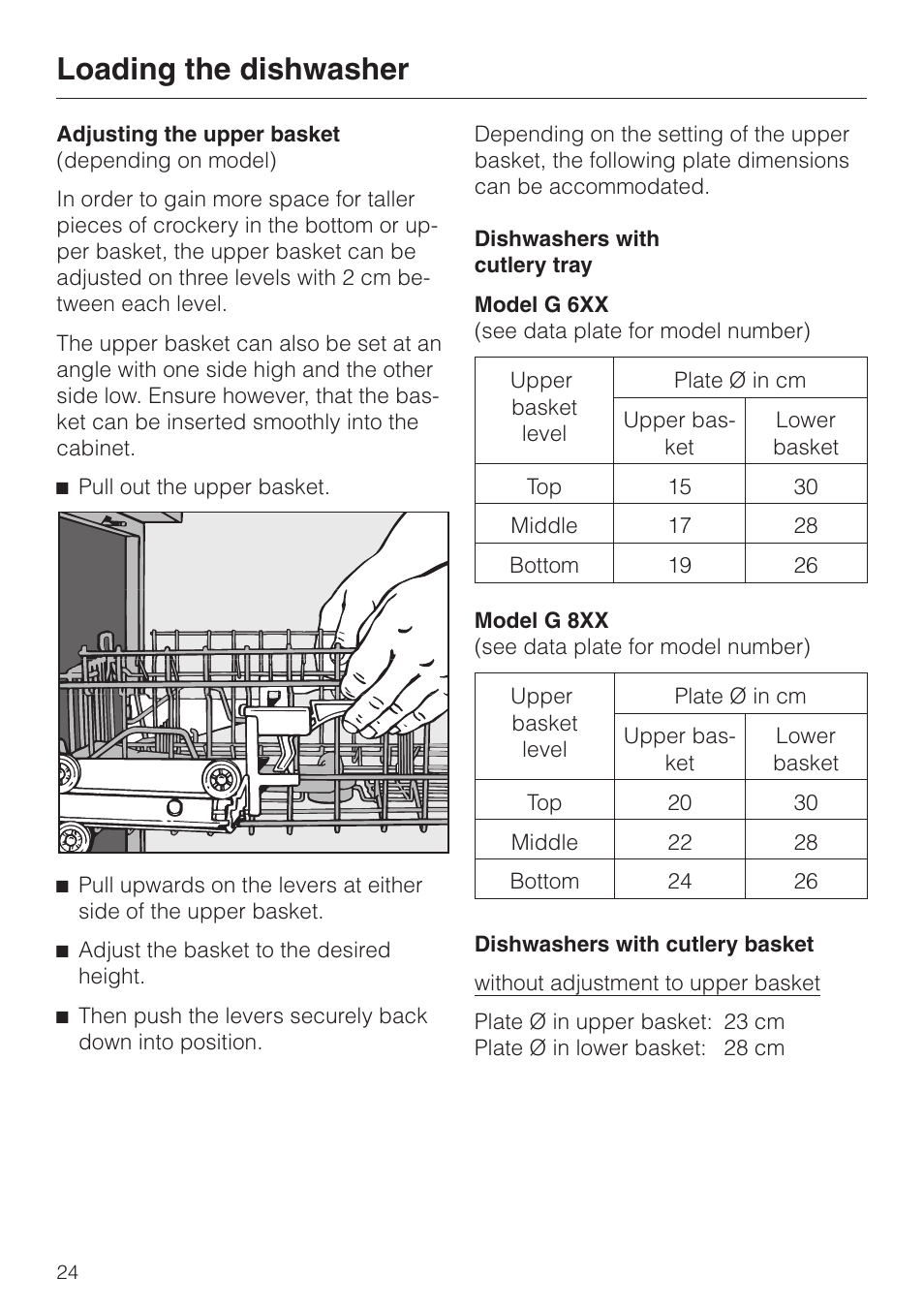 Adjusting the upper basket 24, Adjusting the upper basket, Loading the dishwasher | Miele G 6XX User Manual | Page 24 / 72