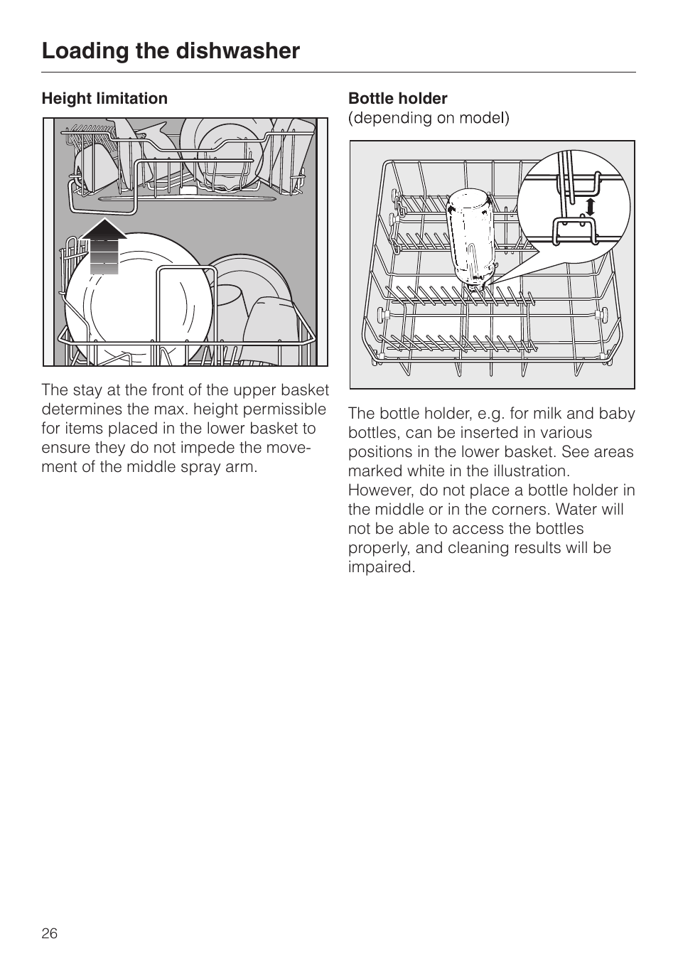 Bottle holder 26, Bottle holder, Loading the dishwasher | Miele G 6XX User Manual | Page 26 / 72