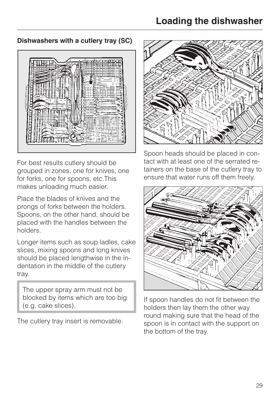 Dishwashers with a cutlery tray (sc) 29, Dishwashers with a cutlery tray (sc), Loading the dishwasher | Miele G 6XX User Manual | Page 29 / 72