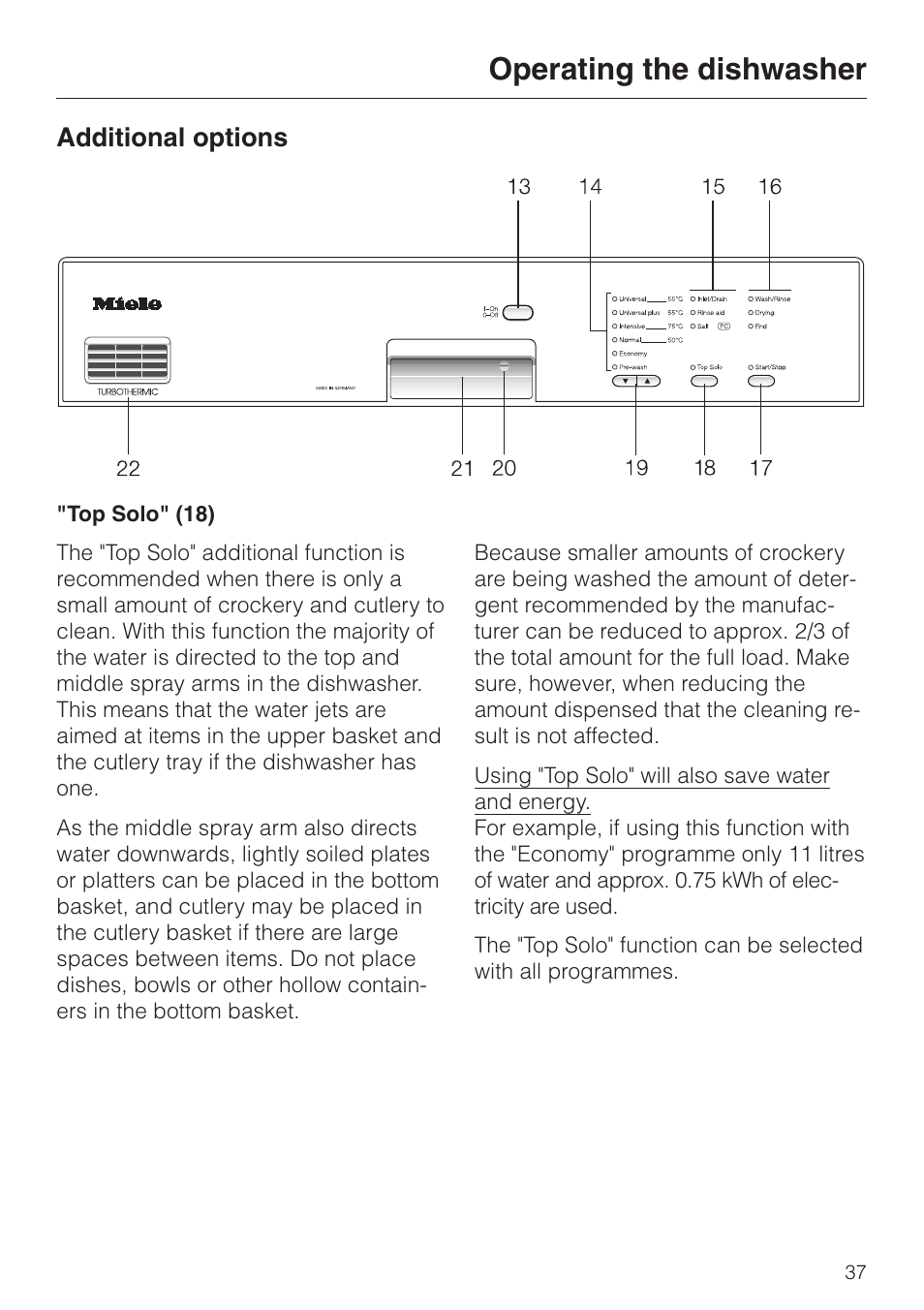 Additional options 37, Top solo" 37, Additional options | Top solo, Operating the dishwasher | Miele G 6XX User Manual | Page 37 / 72