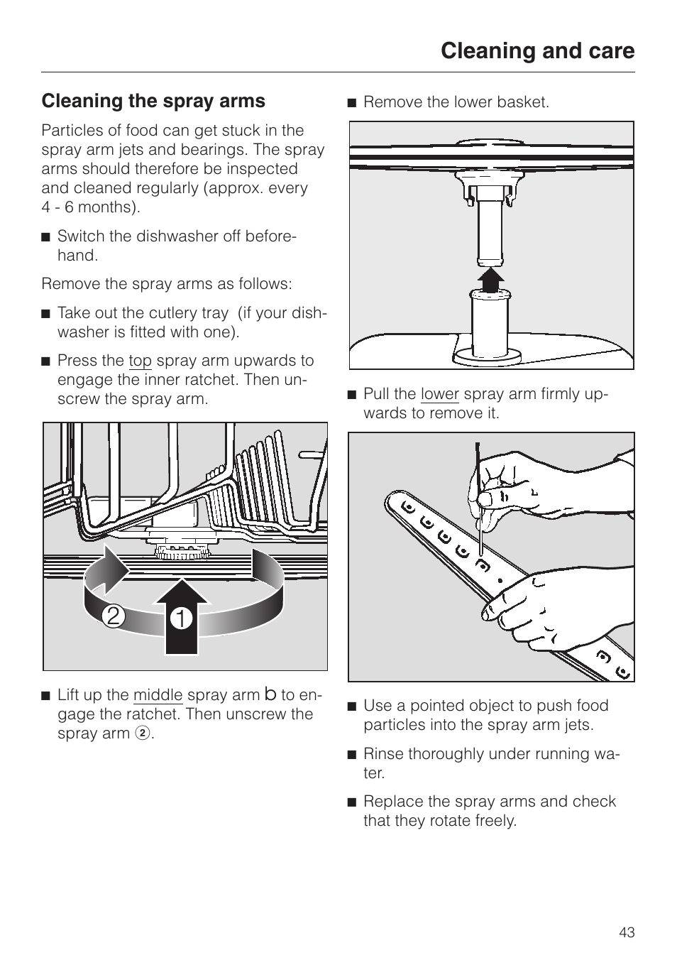 Cleaning the spray arms 43, Cleaning the spray arms, Cleaning and care | Miele G 6XX User Manual | Page 43 / 72