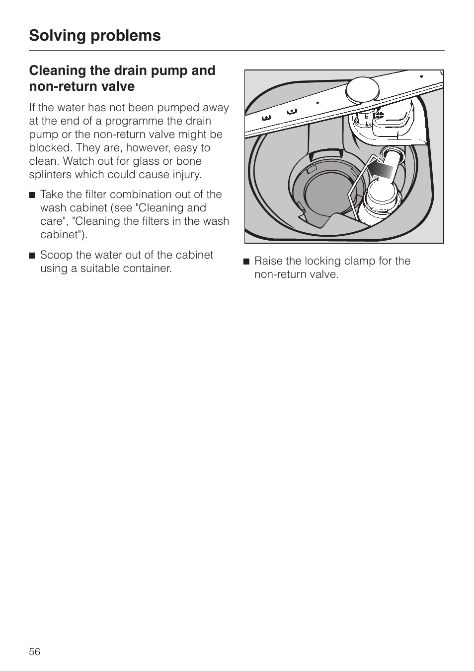 Cleaning the drain pump and non-return valve 56, Cleaning the drain pump and non-return valve, Solving problems | Miele G 6XX User Manual | Page 56 / 72