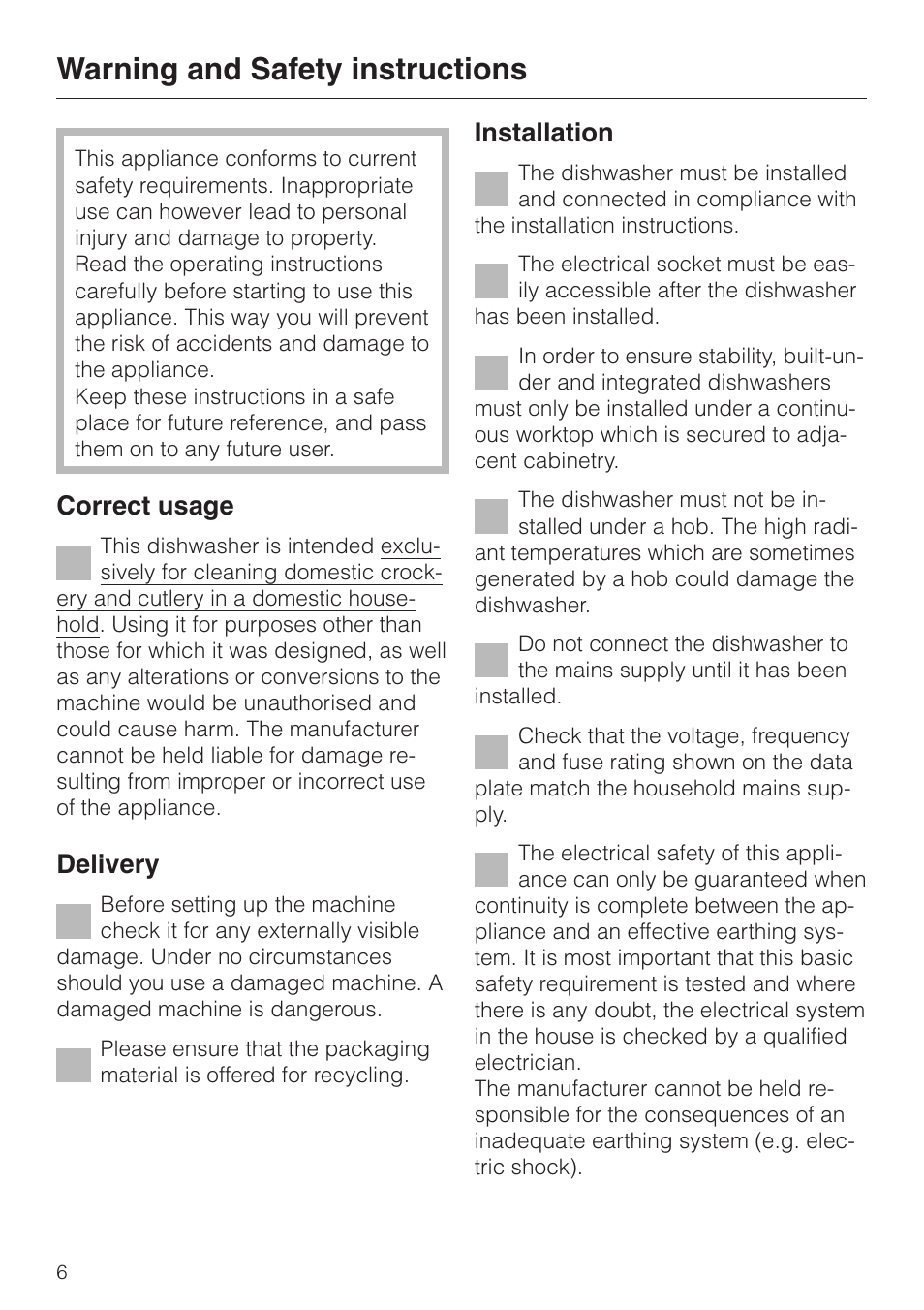 Warning and safety instructions 6, Warning and safety instructions, Correct usage | Delivery, Installation | Miele G 6XX User Manual | Page 6 / 72