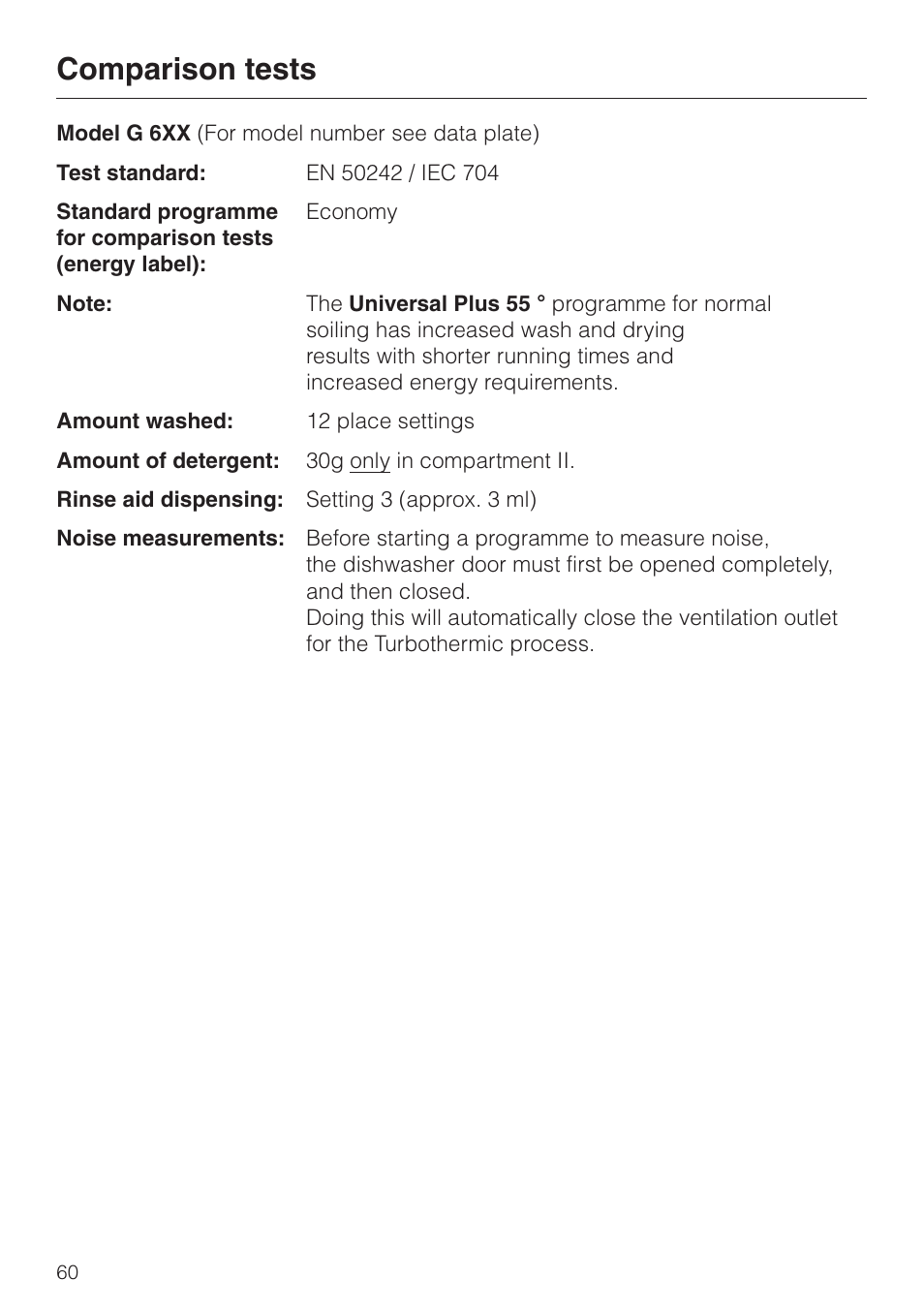 Comparison tests 60, Comparison tests | Miele G 6XX User Manual | Page 60 / 72