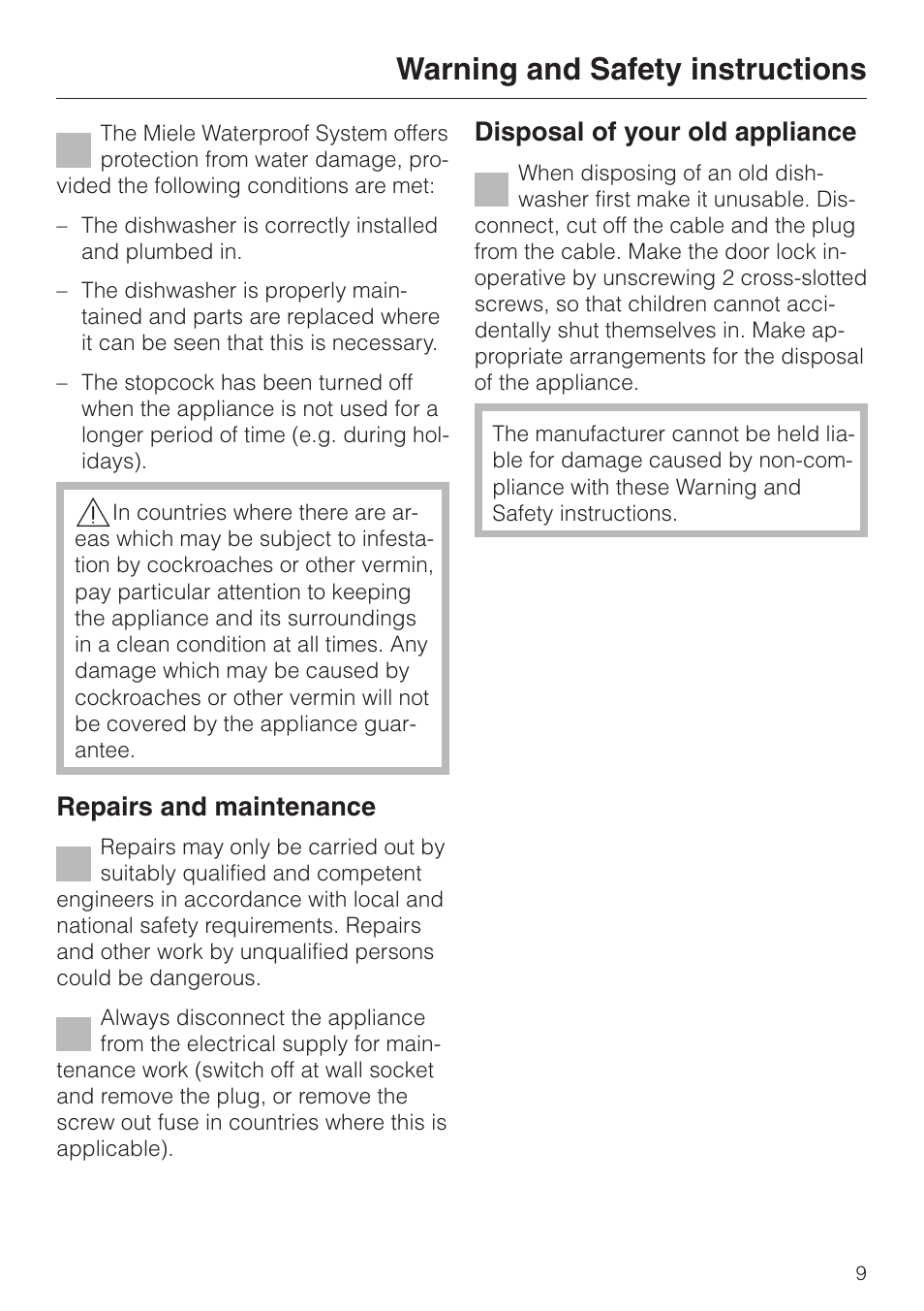 Warning and safety instructions, Repairs and maintenance, Disposal of your old appliance | Miele G 6XX User Manual | Page 9 / 72