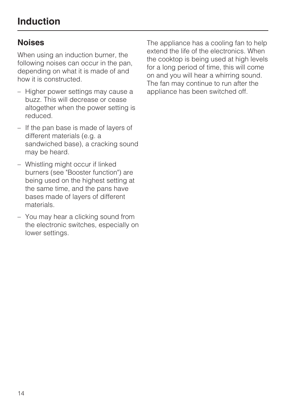 Noises 14, Induction, Noises | Miele KM 5758 User Manual | Page 14 / 52
