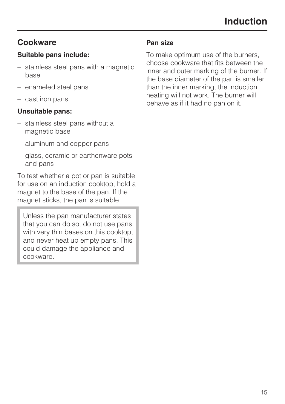 Cookware 15, Induction, Cookware | Miele KM 5758 User Manual | Page 15 / 52