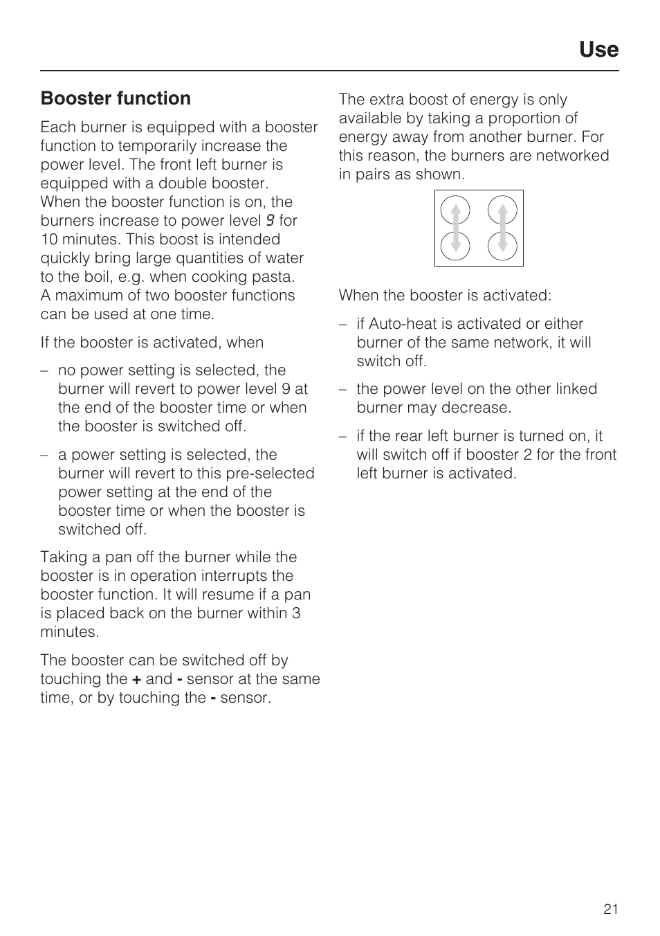 Booster function 21, Booster function | Miele KM 5758 User Manual | Page 21 / 52