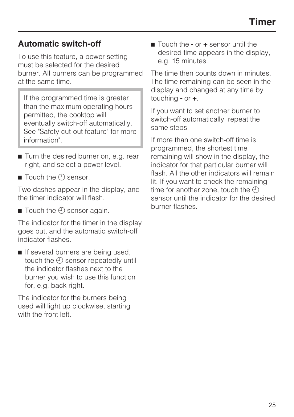 Automatic switch-off 25, Timer, Automatic switch-off | Miele KM 5758 User Manual | Page 25 / 52