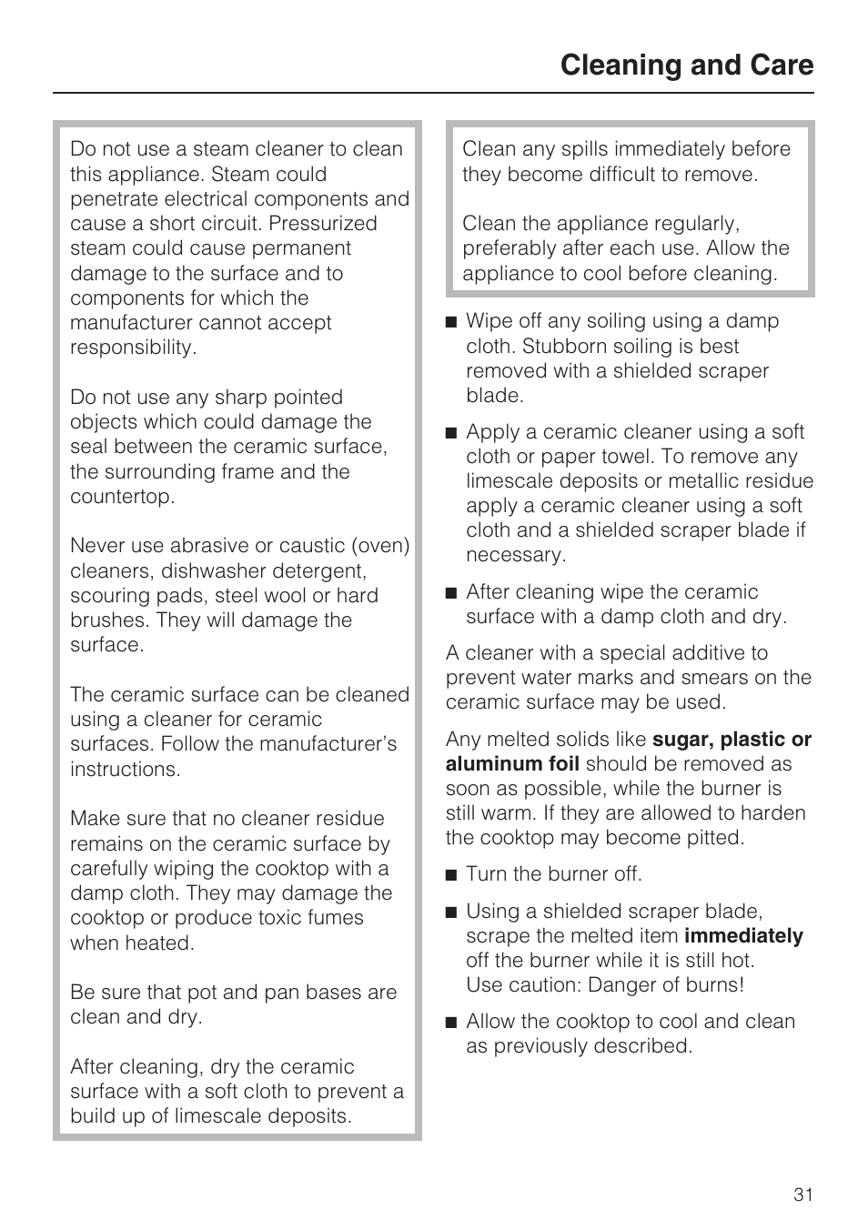 Cleaning and care 31, Cleaning and care | Miele KM 5758 User Manual | Page 31 / 52