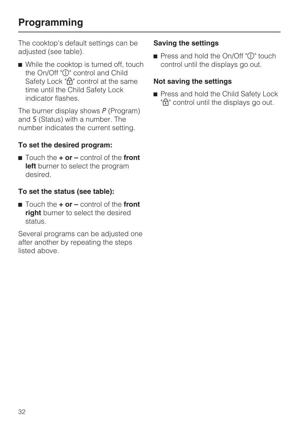 Programming 32, Programming | Miele KM 5758 User Manual | Page 32 / 52