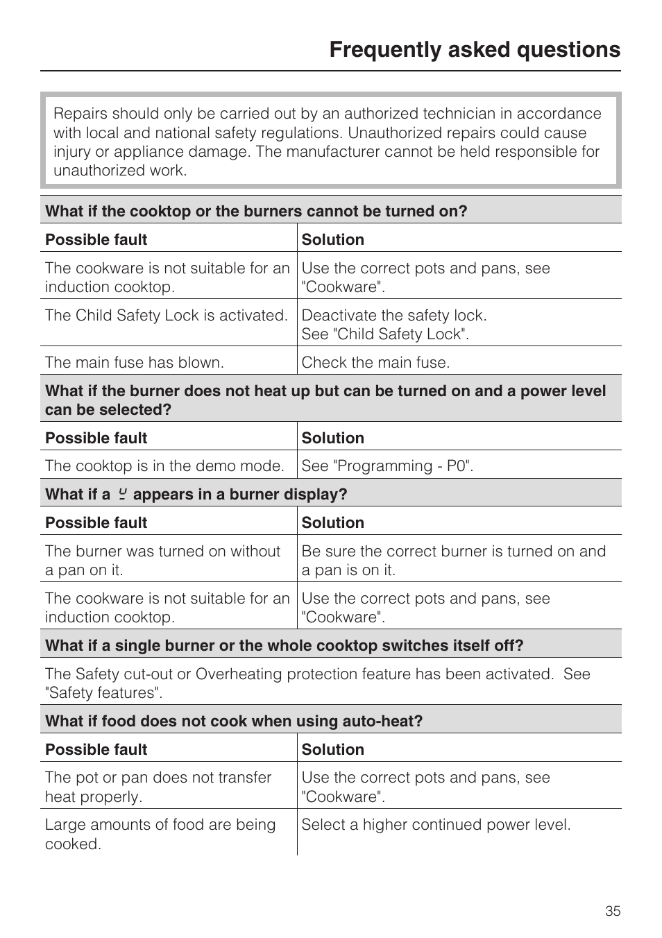 Frequently asked questions 35, Frequently asked questions | Miele KM 5758 User Manual | Page 35 / 52