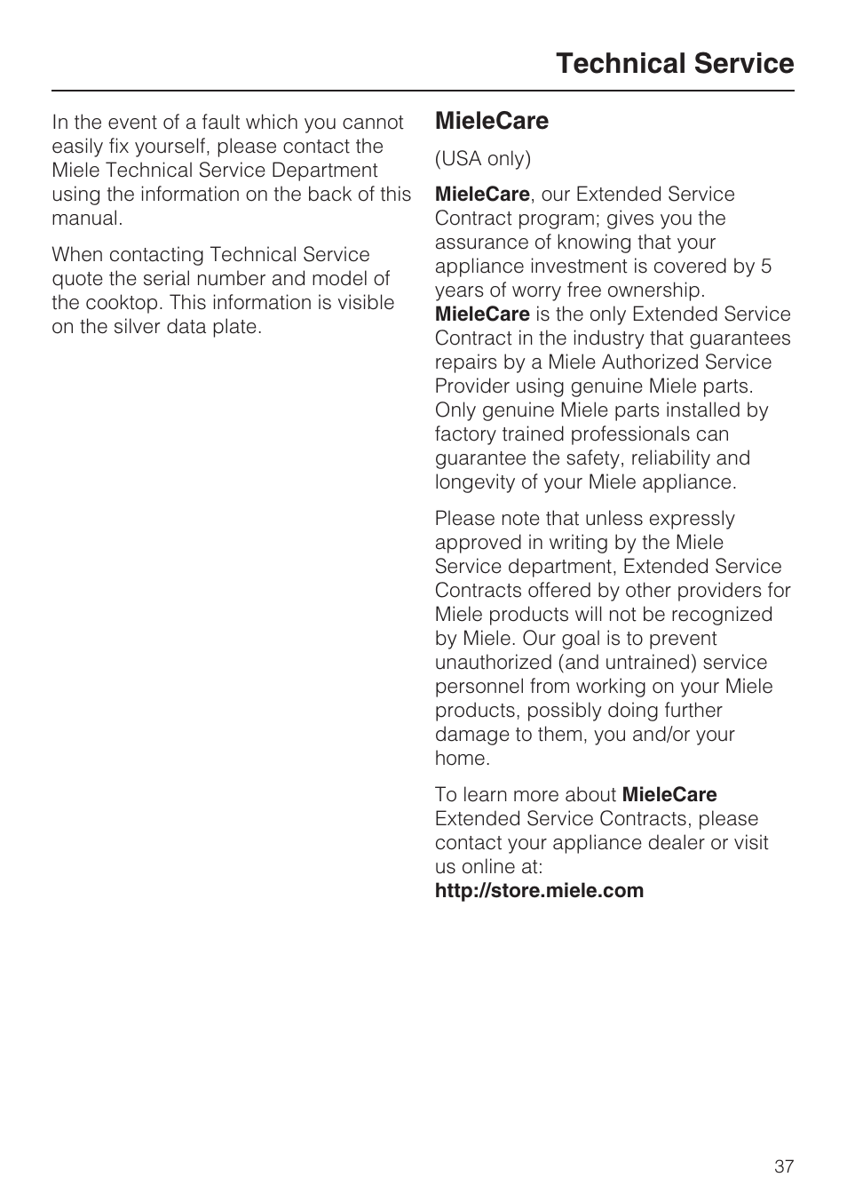 Technical service 37, Technical service, Mielecare | Miele KM 5758 User Manual | Page 37 / 52