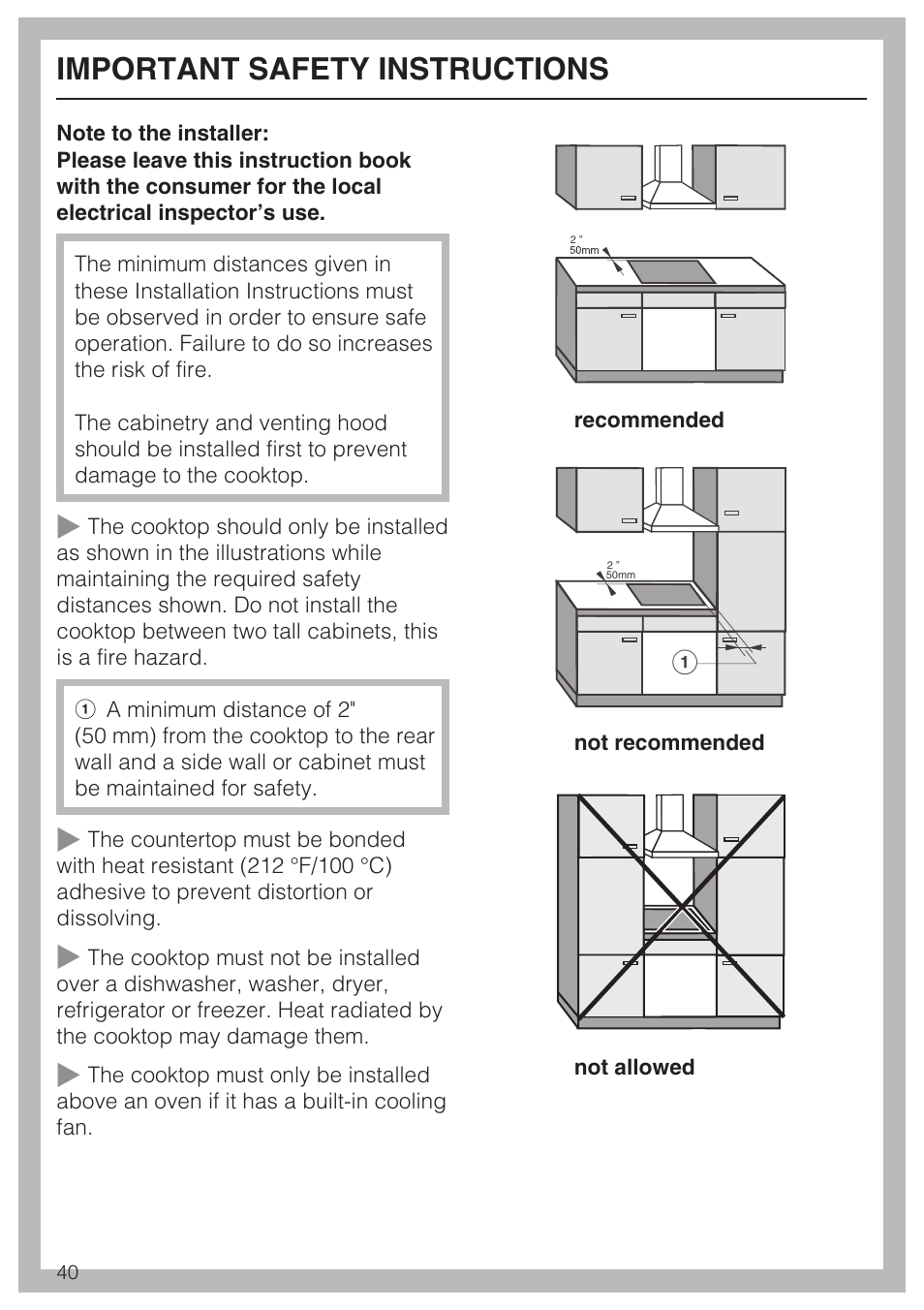 Important safety instructions 40, Important safety instructions | Miele KM 5758 User Manual | Page 40 / 52