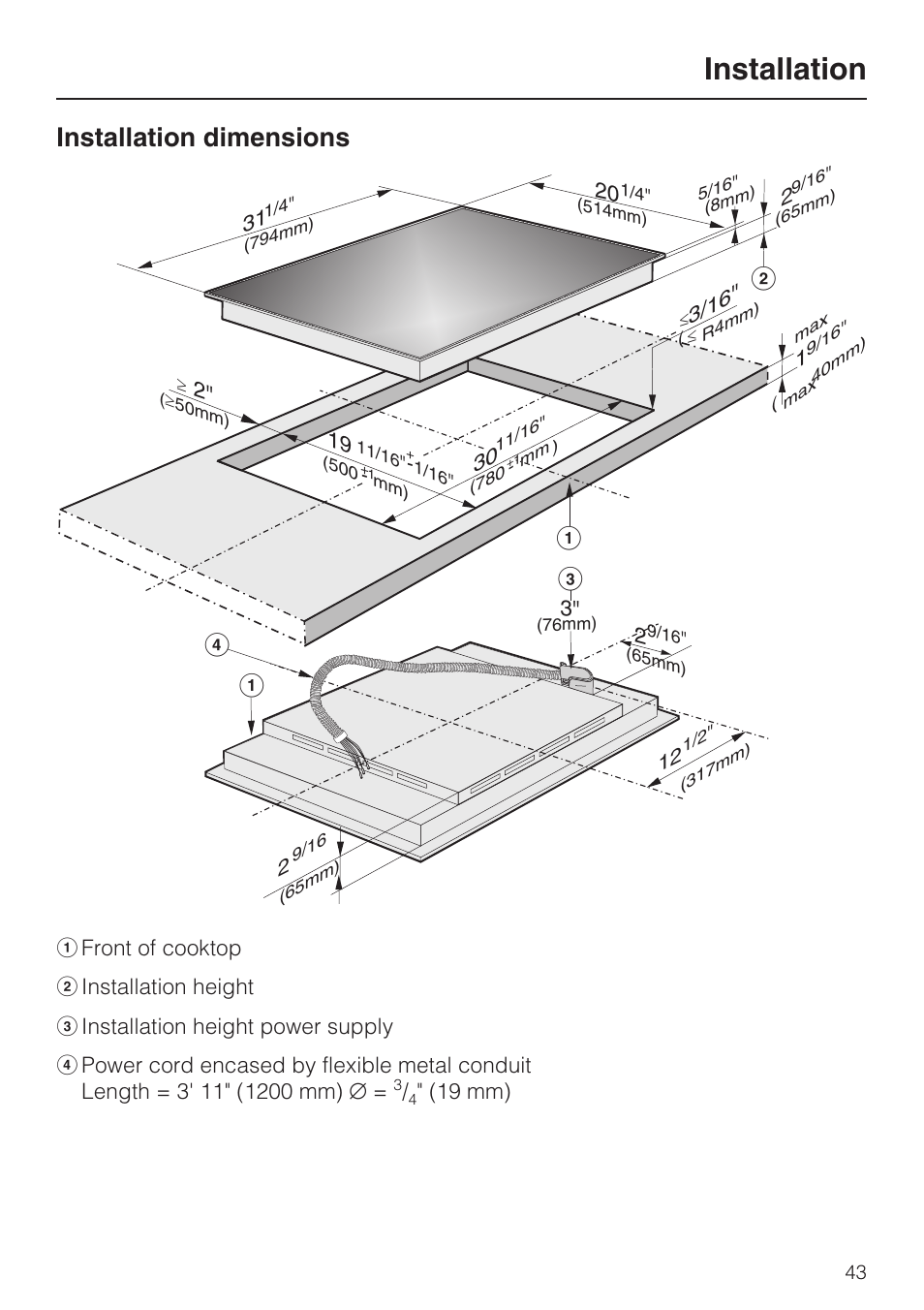 Installation dimensions 43, Installation, Installation dimensions | Miele KM 5758 User Manual | Page 43 / 52