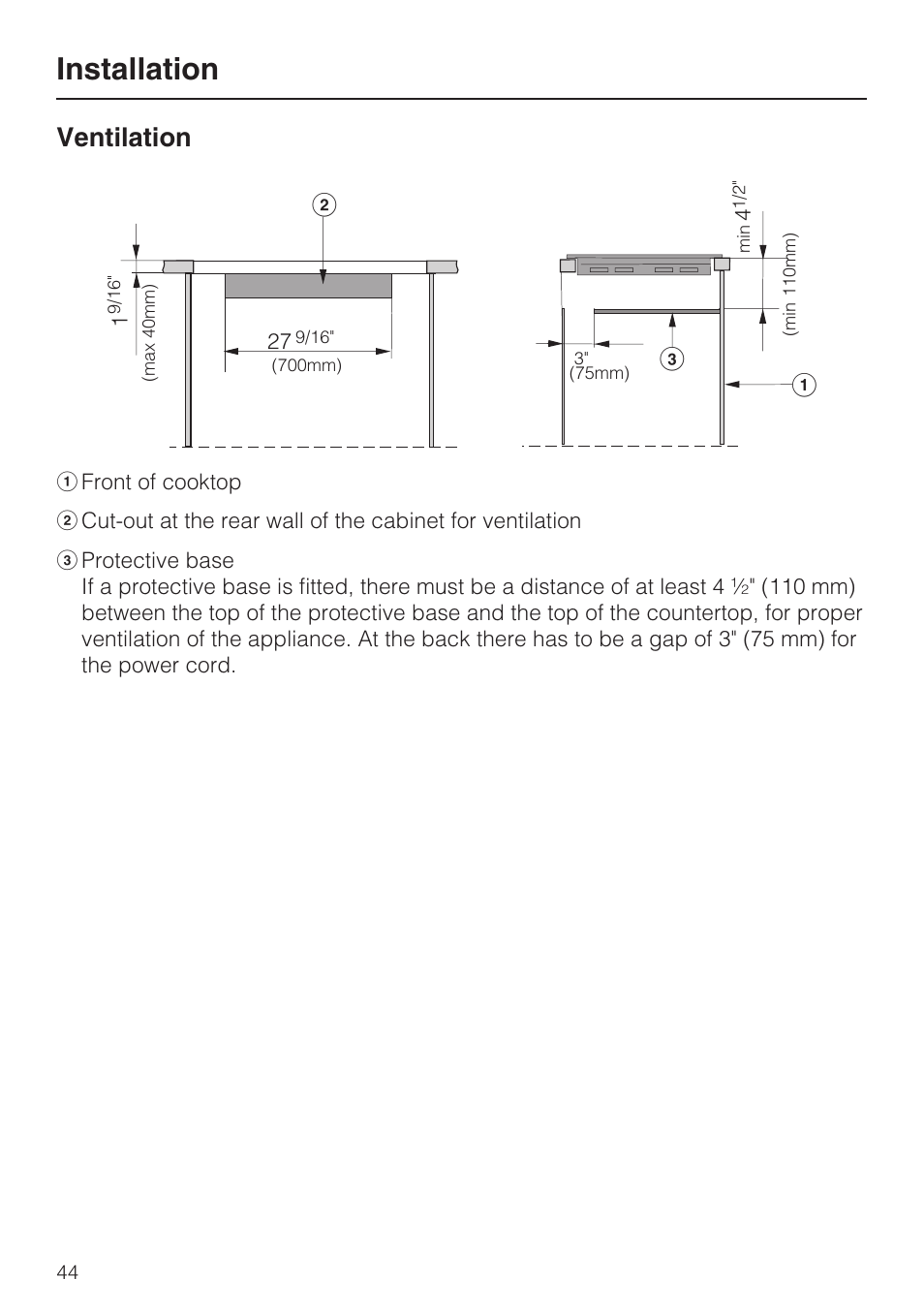 Ventilation 44, Installation, Ventilation | Miele KM 5758 User Manual | Page 44 / 52