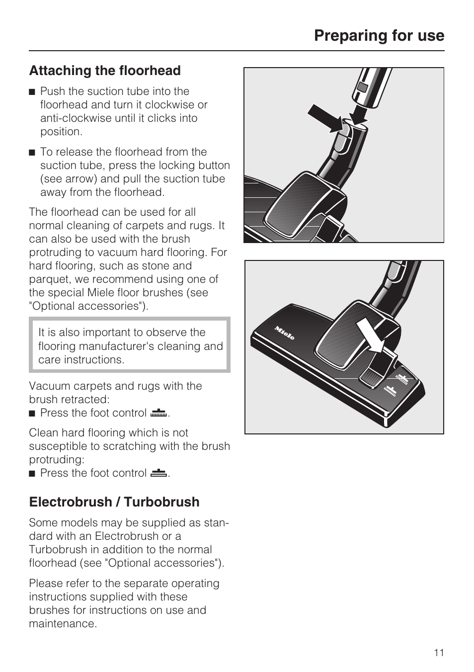 Preparing for use, Attaching the floorhead, Electrobrush / turbobrush | Miele S 388 User Manual | Page 11 / 36