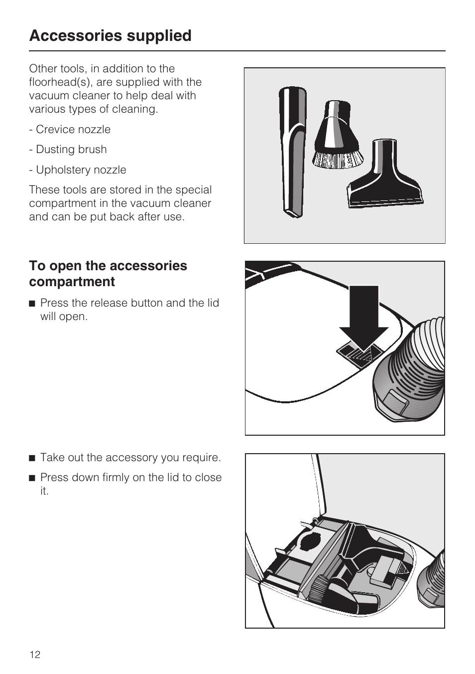 Accessories supplied 12, Accessories supplied | Miele S 388 User Manual | Page 12 / 36