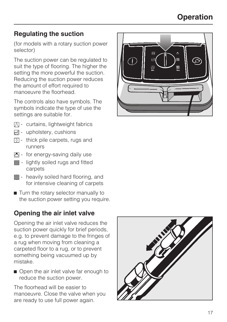 Regulating the suction 17, Opening the air inlet valve 17, Operation | Regulating the suction, Opening the air inlet valve | Miele S 388 User Manual | Page 17 / 36