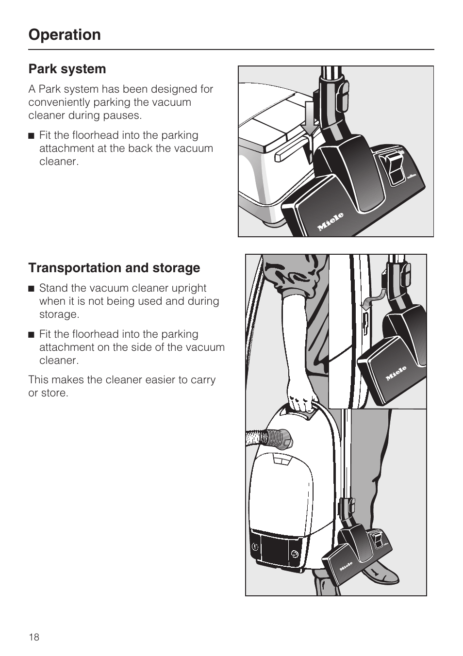 Park system 18, Transportation and storage 18, Operation | Park system, Transportation and storage | Miele S 388 User Manual | Page 18 / 36