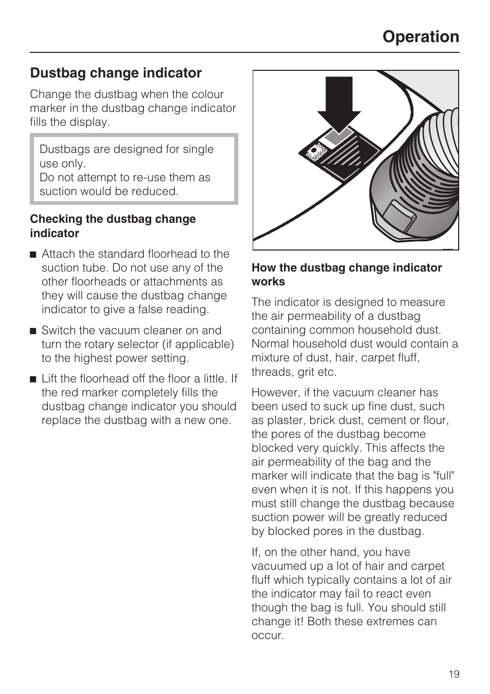 Dustbag change indicator 19, Operation, Dustbag change indicator | Miele S 388 User Manual | Page 19 / 36